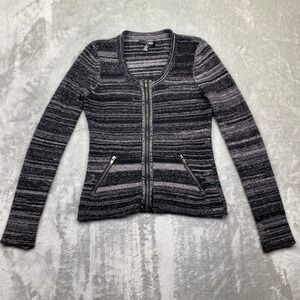 AQUA Cashmere Striped Zip Front Cardigan Sweater Jacket Leather Trim Women's M